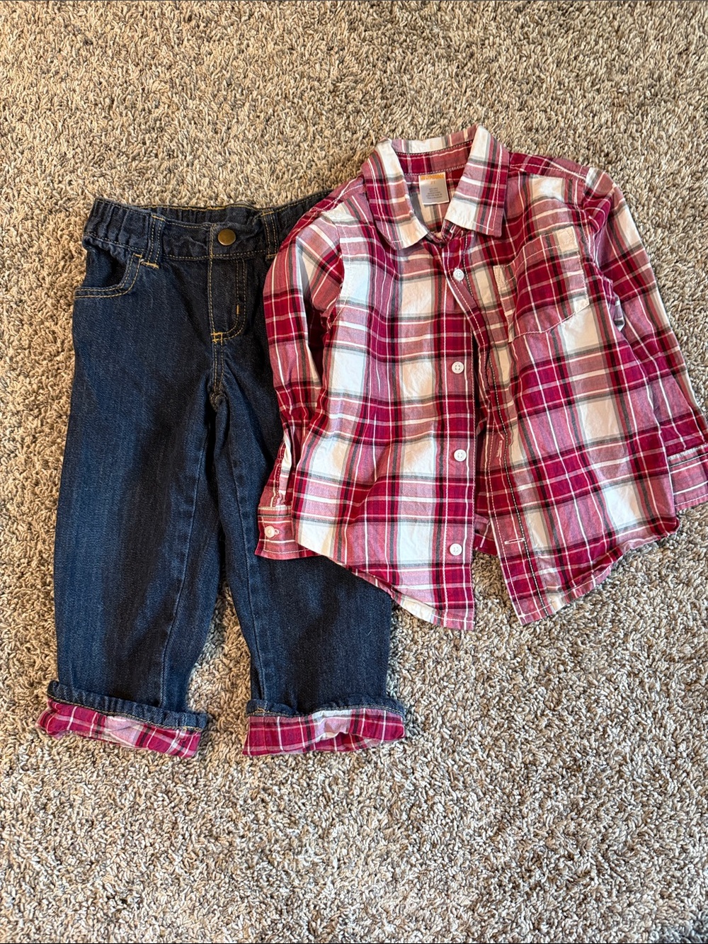 Gymboree Toddler Dark Wash Jeans with Red Plaid Button-Up Shirt